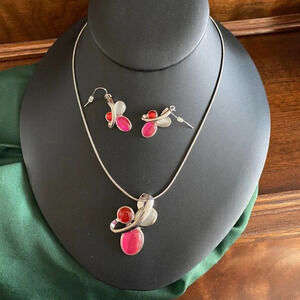 Modernist Pink and White Cat Eye Moonstone Necklace and Earring Set